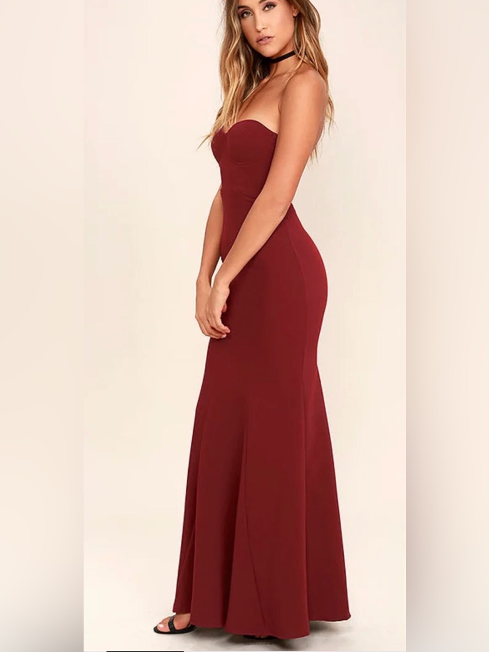 Strapless Burgundy Mermaid Evening Dress - Picture 2 of 5